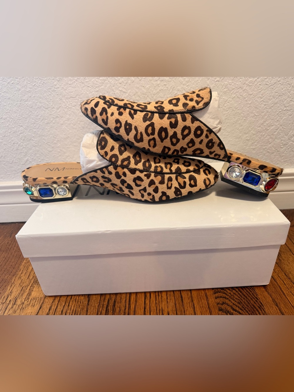 Neiman Marcus Leopard Print Jewel-Heel Mules